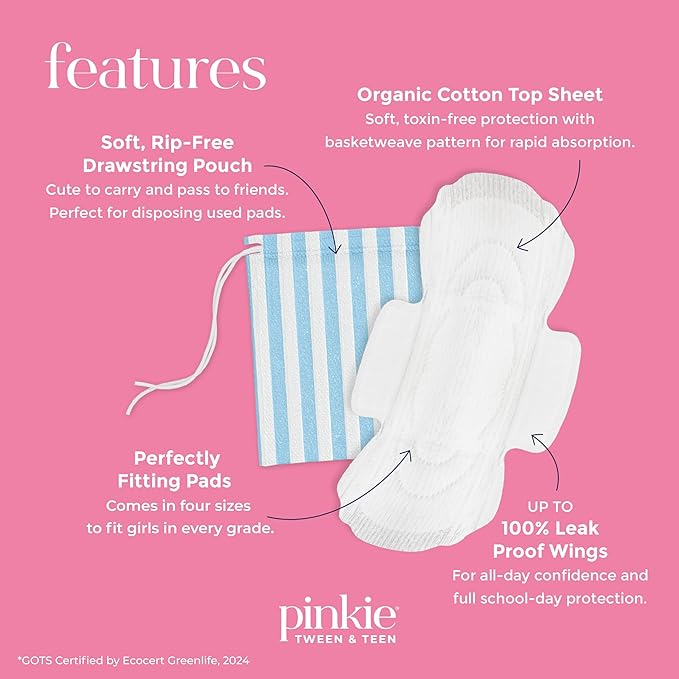 Pinkie Period Starter Pads - Designed for Smaller Underwear - Organic Cotton Topsheet Tween & Teen Pads with Wings - Chlorine Free & Fragrance Free - Teen Regular, 18 Count