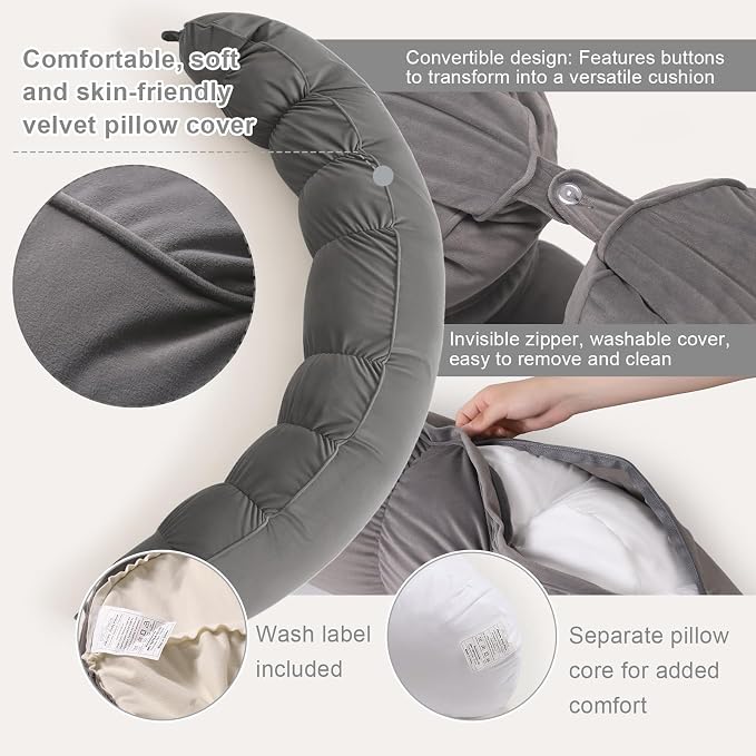 Peallow(Pat. Pend) – Long Round Body Pillow for Adults, Bolster Pillow for Sleeping, Soft and Supportive Pillow for Sleeping & Lumbar Support (Urban Grey, 59")