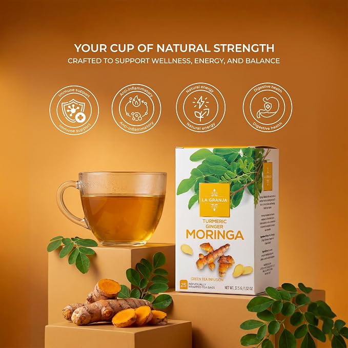 Life Plus Style Gourmet La Granja Turmeric Ginger Moringa Tea 25 Individually Wrapped Tea Bags Green Tea with Moringa Turmeric and Spearmint Ginger Herbal Blend for Women Men