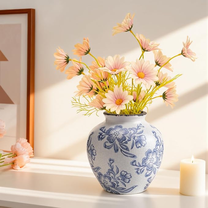 Ceramic Flower Vase Home Decor, 6.2 inch Farmhouse Rustic Vintage Decorative Vases, Pottery Terracotta Boho Flowers Vases for Dining Table, Living Room, Shelf, Kitchen, Bedroom (6.2"-Blue and White)