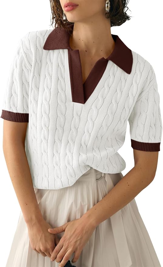 Imily Bela Womens Cable Short Sleeve Sweaters Tops Lapel V Neck Knit Shirt | Solid,Knit Casual,Soft Pullover,Fall Sweaters,Womens Summer Work Tops