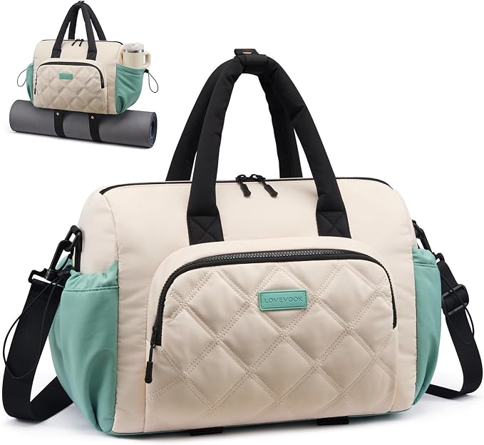 LOVEVOOK Small Gym Bag for Women with Yoga Mat Holder, Workout Bag with Large Tumbler Holder Pocket,Carry on Bag for Workout Dance Pilates Ballet Swimming Travel，Green and White