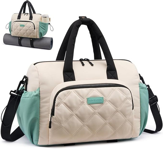 LOVEVOOK Small Gym Bag for Women with Yoga Mat Holder, Workout Bag with Large Tumbler Holder Pocket,Carry on Bag for Workout Dance Pilates Ballet Swimming Travel，Green and White