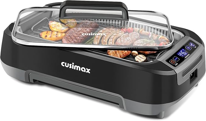 CUSIMAX Smokeless Indoor Grill, 1500W Electric Grill Korean BBQ Grill Black | Adjusting Temperature/With Smart LED Display/Turbo Smoke Extractor/Non-stick Removable Grill Plate/Tempered Glass Lid