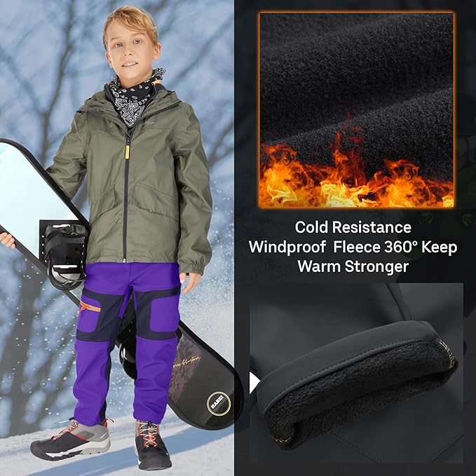linlon Kids Boy's Snow Waterproof Pants Youth Fleece Lind Hiking Softshell Warm Insulated Trousers
