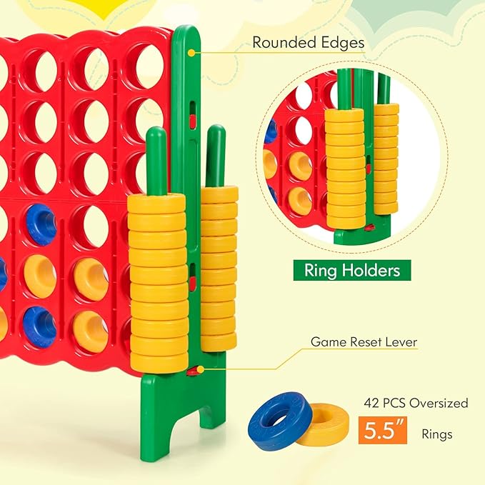 KOTEK Giant 4-in-a-Row Game Set, 3.5 Feet Tall Jumbo 4-to-Score Family Fun Game with Quick-Release Sliders & 42 Large Rings, Oversized Connect Plastic Yard Game Outdoor for Kids & Adults (Green+Red)