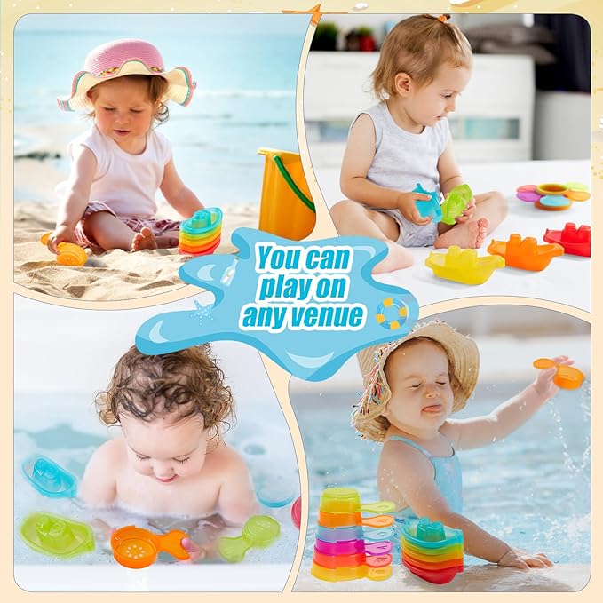 Baby Bath Toys for Kids Ages 1-3 11PCS Mold Free Bath Toys for Toddlers 2-4 with Colorful Floating Boats and Spoons, Baby & Toddler Bathtub Sand Beach Pool Water Toys for Christmas Birthday Gifts
