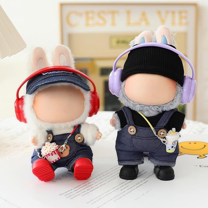 Clothes for Dolls Accessories, Stylish Kawaii Overalls Outfit Headphones Set 5 Pieces Suitable for 15cm 17cm Doll , Doll Hat Headset Boots Clothing Set Replacement