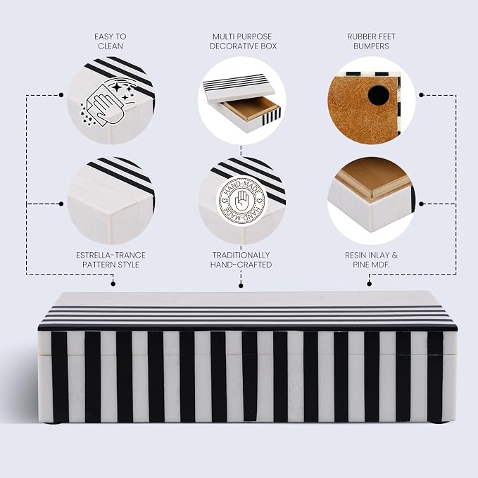 Handicrafts Home Large Decorative Storage Box with Lid – Black White Modern Storage Box, Remote Control Organizer for Coffee Table, Console & Living Room Decor – Mono Lead 12 x 6 x 2