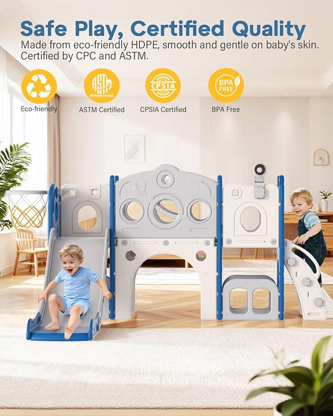 Babytronic Toddler Slide Set, 8 in 1 Kids Slide, Indoor Outdoor Slide for Toddlers Age 1-3, Toddler Playset with Basketball Hoop and Tunnel, Toddler Indoor Outdoor Playground, Blue&Grey