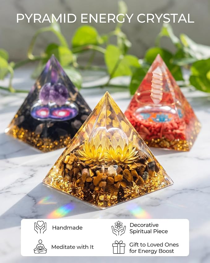 Orgone Pyramid with Healing Crystals - (Flower of Life) - Energy Generator for Positive Vibe, Stress Relief & Chakra Reiki Meditation - Spiritual Gift for Success, Wealth & Prosperity (Golden)