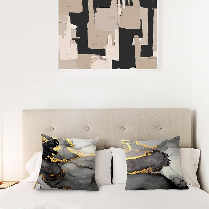 Black Grey and Gold Marble Texture Pillow Covers 22x22 Double-Sided, Abstract Modern Decorative Throw Pillow Covers for Living Room Bedroom, Modern Home Decor, Black and Gold Decor, Set of 2