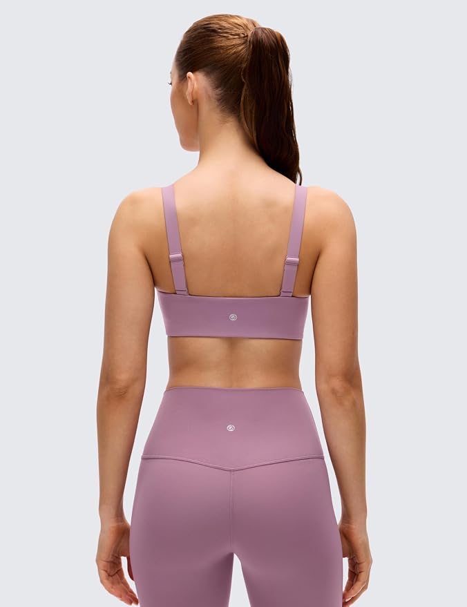 CRZ YOGA Butterluxe Adjustable Wide Strap Sports Bras for Women - Square Back Padded Scoop Neck Yoga Top