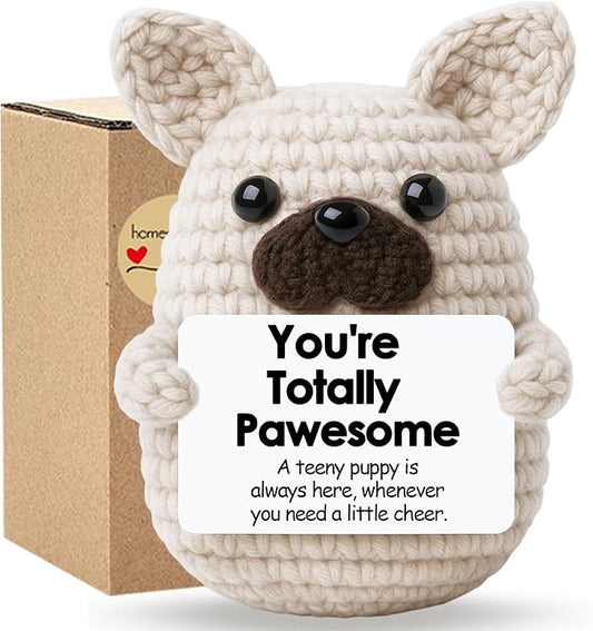Positive Crochet Animal Dog Gifts for Women Men,Funny Emotional Support Crochet French Bulldog Cheer Up for Dog Lover Coworker Friend,Handmade Cute Frenchie Desk Decor with Gift Box