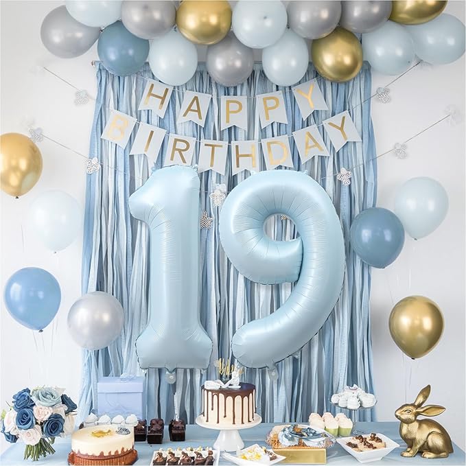 Foil 19 Balloon, Light Baby Blue Big Number 19 Balloons for Boy Birthday Party Decor, 40 Inch Helium Self Inflating Number 19 Pastel Sky Blue Balloon for Men 19th Birthday Party Anniversary Decoration