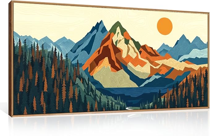 FWIEXA Vintage Mountain Framed Canvas Wall Art Set, Boho Sunrise Wall Prints, Abstract Nature Forest Artwork, Retro Lake Sunset Painting, 20x40 Inches Modern Rustic Decor for Living Room, Bedroom, Office