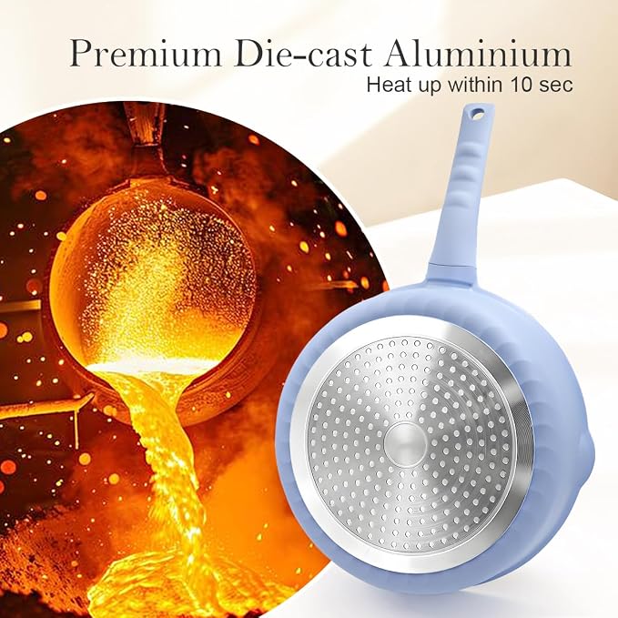 Small Deep Frying Pan with Lid, 8 Inch Non Stick Egg Skillet, Omelette Pan Non Toxic, Mini Pans for Cooking, Induction Cookware, Compatible with All Stoves, Detachable Handle, Oven Safe, Blue