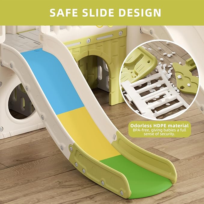 YUFU 9 in 1 Toddler Slide, Kids Slide Playset with Double Slide, Climber, Basketball Hoop, Tunnel and Storage Space, Indoor Outdoor Playground for Toddlers Age 1-3 (Green)