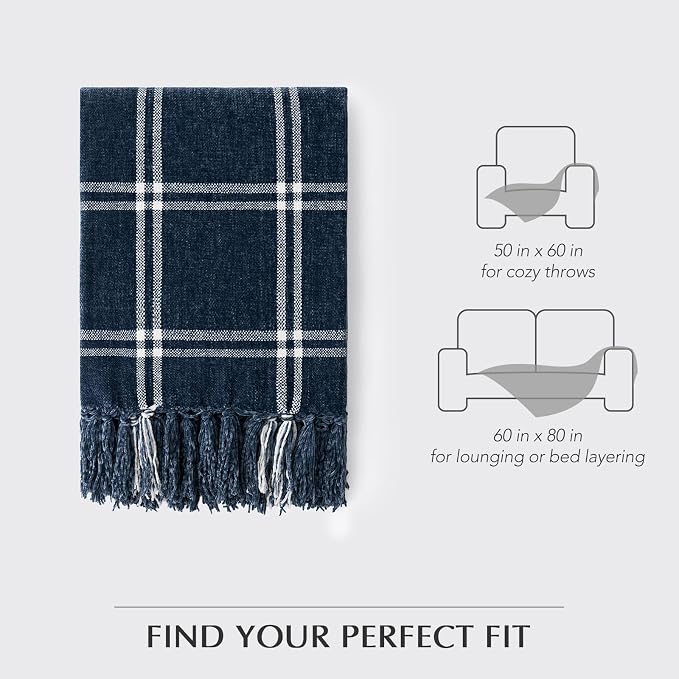 Plaid Chenille Knit Throw Blanket, 50"x60", Navy & White | Soft Knitted Throw with Tassels, Cozy, Lightweight, Windowpane Grid Plaid, Decorative Farmhouse Throw for Couch Bed Sofa Gift
