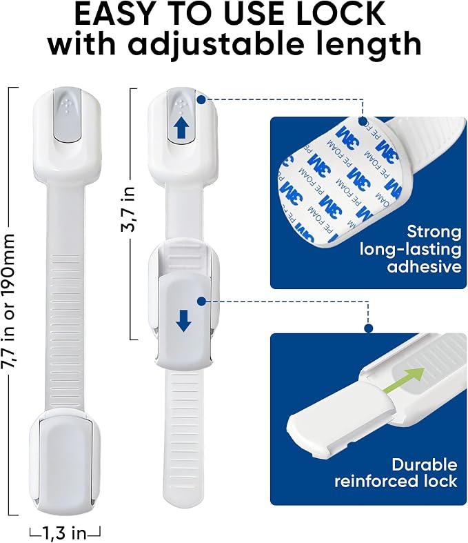 6 pcs Multi-Use Adhesive Straps Locks No tools and drilling - Childproofing Baby Proofing Cabinet Latches for Drawers, Doors, Toilet Seat, Dishwasher, Cupboard, Fridge, Oven,Trash Can