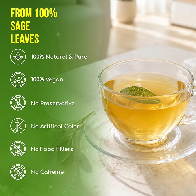 FreshDrinkUS, 75 Sage Leaf Tea Bags, 100% Natural & Pure from Sage Leaves. Loose Leaf Sage Herbal Tea. Sage Leaf Tea. Made with Natural Material Tea Bags. No Sugar, No Caffeine, No Gluten, Vegan.
