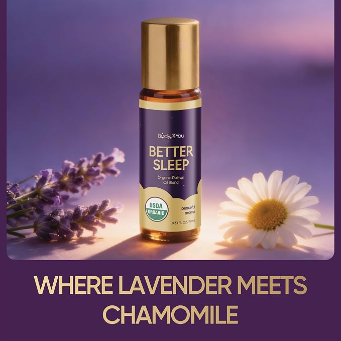 BodyJ4You Sleep Essential Oil Blend - Better Sleep Aid Calm Relaxation Pure | USDA Organic Jojoba MCT Lavender Roman Chamomile - Roller Ball Roll-On Night Routine Wrists Temples Neck - Amber Glass 10ml