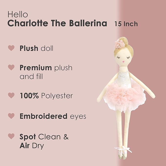 MON AMI Charlotte The Ballerina Stuffed Doll - 15”, Plush Ballerina Doll for Girls, Use as Toy or Room Decor for Kids of All Ages