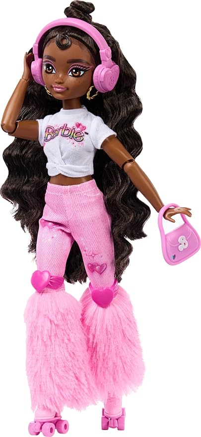 Barbie Dream Besties Doll and Accessories, Brooklyn Posable Roller Skating Fashion Doll with Dark Brown Hair, 9 Music & Video Themed Pieces