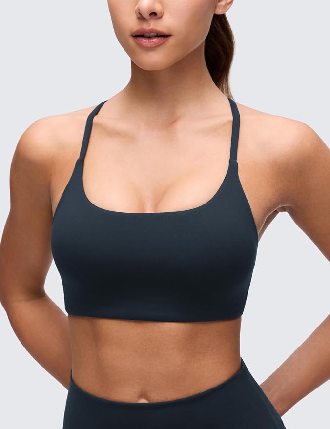 CRZ YOGA Butterluxe Twist Cross Back Sports Bras for Women - U Neck Padded Adjustable Spaghetti Straps Yoga Top