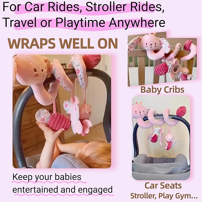 Baby Spiral Car Seat Toys for Babies 0-6 Months Girl, Stroller Hanging Stuffed Animal Carseat Mirror Crinkle Toy 0-3-6-7-12, Newborn Infant Valentines Gifts Easter Basket Stuffers Bunny 3PCS