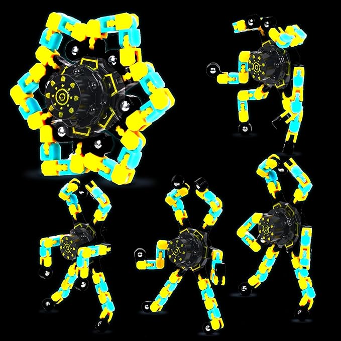 4 Pcs Fidget Toys Transformable Fidget Spinners Autism ADHD Anxiety Stress Relief Sensory Toys for Kids and Adults Deformable Robot Spinner Fingertip Gyros for Party Favors Prizes(GlowYellowBlue)