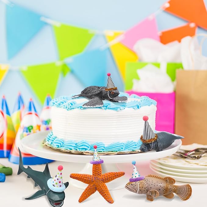 18 Pcs Sea Animal Birthday Party Decorations Mini Birthday Hat Animal Figure Model Cake Toppers with Mini Hat for Animals Themed Party