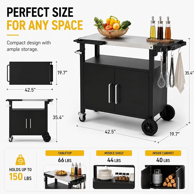 Outdoor Grill Cart with Storage, Rolling Outdoor Bar Cart and Foldable Korean BBQ Table, Movable Outdoor Kitchen Island and BBQ Cart for Patio Dining and Food Prep, with Wheels and Hooks
