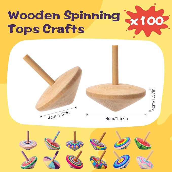 DoubleFill 100 Pcs Bulk End of Year Student Gifts, DIY Unfinished Wooden Spinning Tops for Kids End of Year Craft Kit Teacher to Student Gifts Art Supplies for Classroom Activities Party Favor