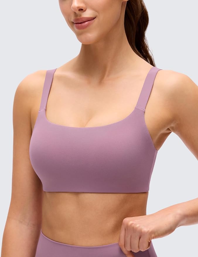 CRZ YOGA Butterluxe Adjustable Wide Strap Sports Bras for Women - Square Back Padded Scoop Neck Yoga Top