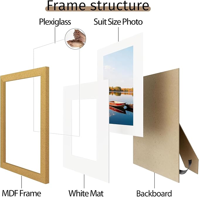 Picrit 8x8 Picture Frame Set of 12, Display 5x5 with Mat or 8 x 8 Without Mat, Photo Frames for Wall Mounting or Table Top Display, Gold