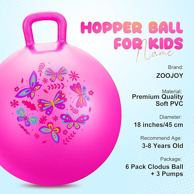 ZOOJOY 6pcs Hopper Balls for Kids 3-8, 18In Bouncy Ball with Handle, Sit on Hopping Toys for Sport/School/Team Active Play, Hippity Hop Ball for Indoor Outdoor Games with Pump