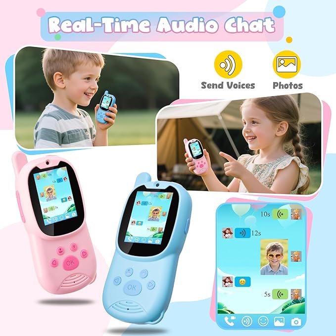 Video Walkie Talkies for Kids, Facetime Walkie Talkies Toys for Age 3-12 Boys Girls, HD Camera & Voice Changer 1000FT Long Range Recharge Kids Valentines Easter Gifts Indoor Outdoor Camp (Blue+Pink)