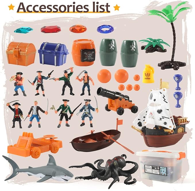 Pirate Action Figures Playset with Boat, Treasure Chest, Cannons, Shark, Pirate Ship Toys-Pirate Toy, 50 PCS Kids Pretend Adventure Set Figures, Birthday Gifts for Age 2 3 4 5 6 Year Old Boys Girls