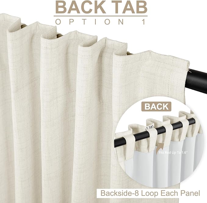 100% Blackout Shield Linen Blackout Curtains for Bedroom 96 Inches Long, Back Tab/Rod Pocket Living Room Drapes, Thermal Insulated Blackout Curtains 2 Panels Set, 50" W x 96" L, Beige White