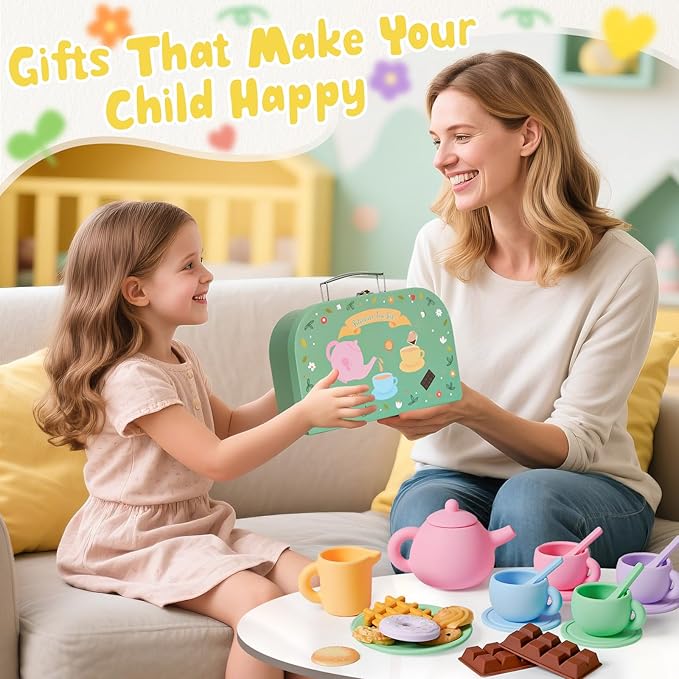 Golray Silicone Tea Sets for Toddlers 3-5, 22pcs Washable Tea Party Set with Storage Box/ Picnic Cloth, Pretend Play Kitchen Accessories Birthday Gifts Girls Toys for Kids 3 4 5 6 Years Old