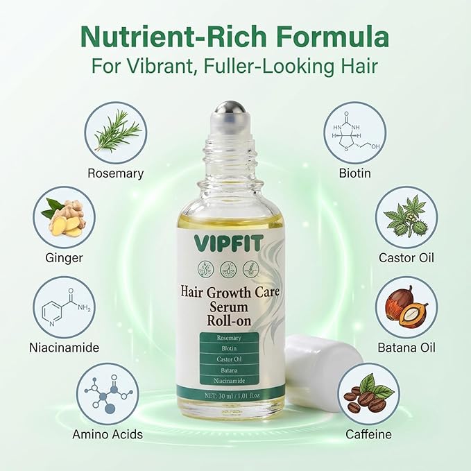 Hair Growth Care Serum Roll-On with Rosemary, Niacinamide, Amino Acids, Ginger, Biotin, Castor Oil, Batana & Caffeine, Nourishes Scalp for Thicker-Looking, Healthy Glow Hair, 30ml