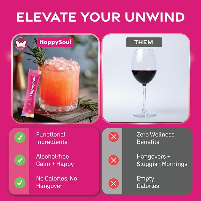 HappySoul Kava Drink Mix Powder-Alcohol Alternative for Evenings & Social Drinking - Kava Kava Mocktail for Relaxation - Adaptogen Drink with Magnesium, Ashwagandha, L-Theanine | Berry, 15 Stick Packs