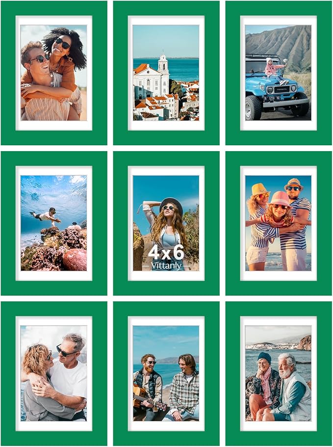 Vittanly 4x6 Picture Frames Set of 9 for Wall or Tabletop Display, Green | Display Pictures 3.5x5 with Mat or 4x6 without Mat, Small Photo Frames, Engineered Wood with Shatter Resistant Plexiglass