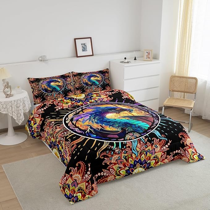 Feelyou Dragon Comforter Set Queen Size Dragon Stuff Comforter for Boys Girls Teens 3D Print Animal Bedding Set Dragon Decor Duvet Set Room Decor Golden Quilt Set
