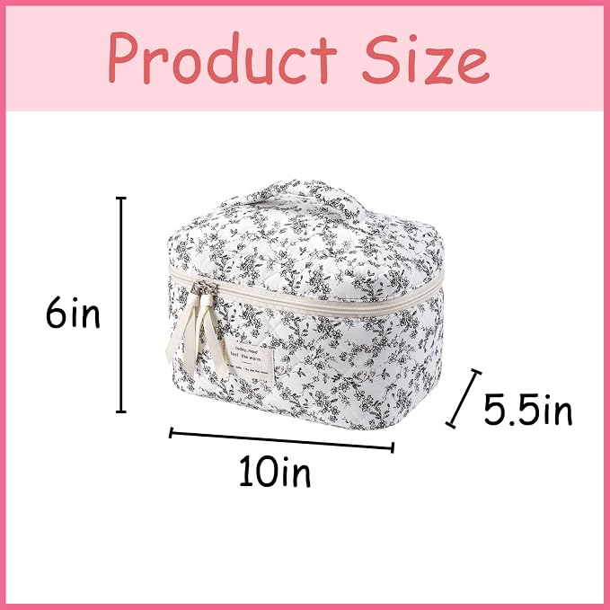 uekeboag Large Travel Quilted Makeup Bag for Women, Floral Cotton Cosmetic Bag, Coquette Aesthetic Floral Toiletry Organizer Bag