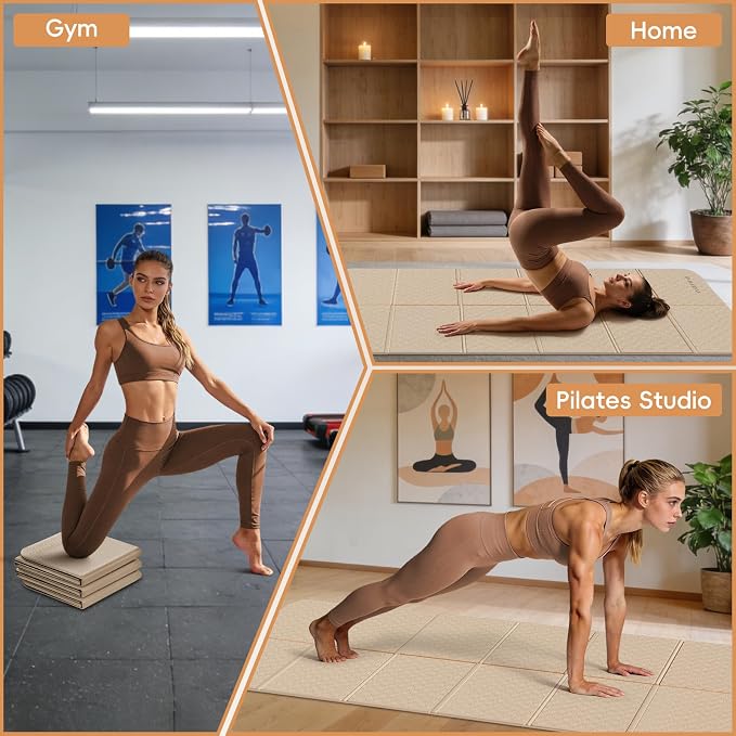 PAIDU Foldable Yoga Mat for Travel, 70"x24"x0.31" (8MM) TPE Double-Sided Non-Slip Pilates Mat with Carrying Bag for Yoga, Pilates, Fitness and Home/Outdoor Workouts