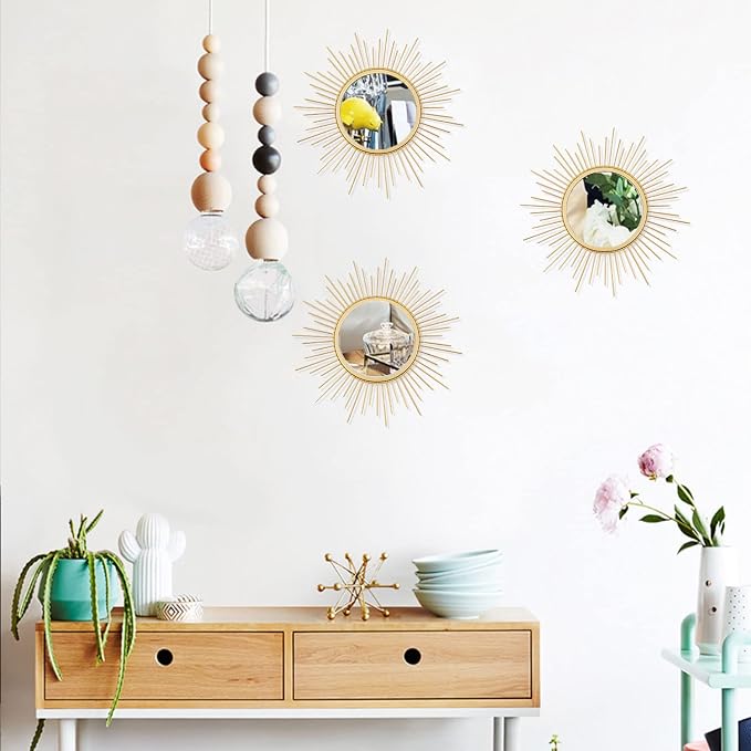 3 Pack Metal Mirrors for Wall Sunburst Wall Mirrors Home Décor Decorative Hanging Wall Art for Living Room Bedroom Entryway (Gold, Sunburst)