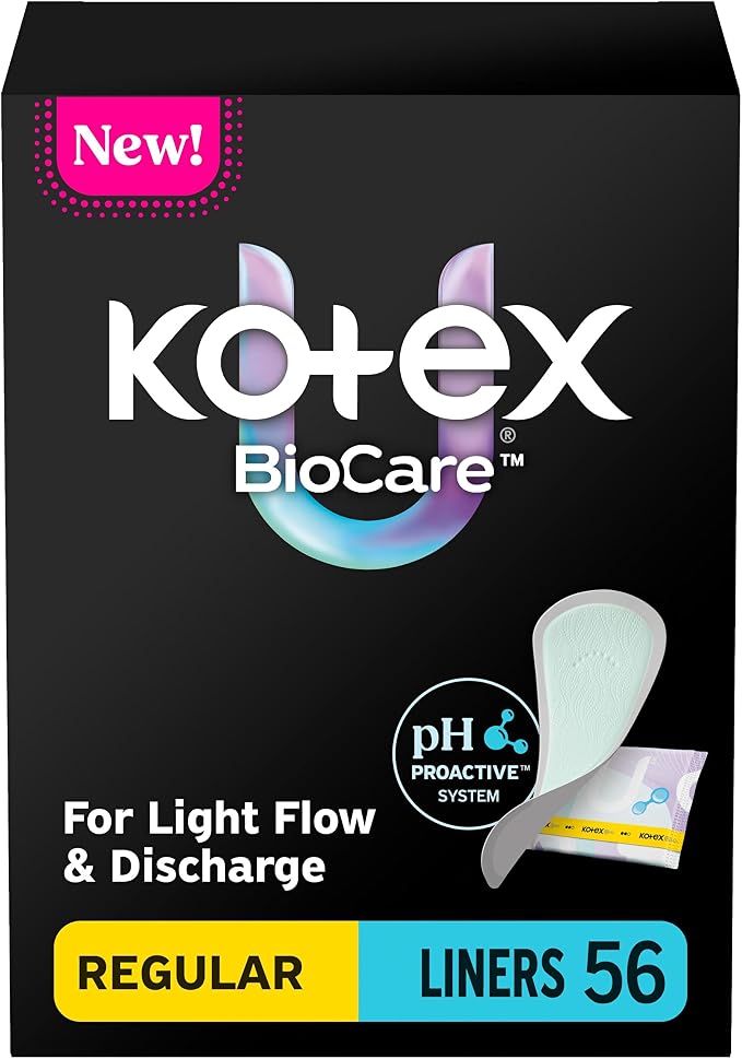 Kotex BioCare Daily Liners, Wrapped, Light Absorbency, Regular Length, 56 Count (Packaging May Vary)