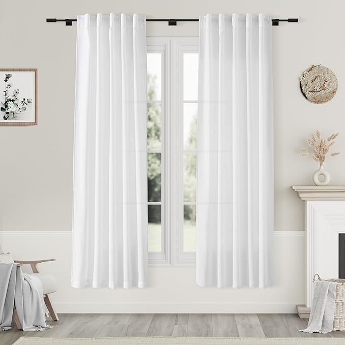 Nanspring White Linen Curtains for Bedroom Thermal Insulating Back Tab Privacy Light Filtering Curtains 2 Panels Set Drapes for Bedroom Kitchen Bathroom Dining Room 40x72 inch